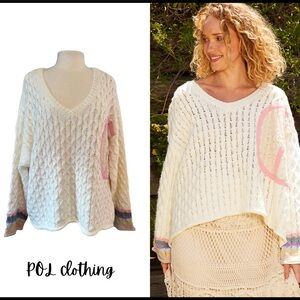 NWOT POL Sz L oversized sweater with peace sign patch ivory textured knit